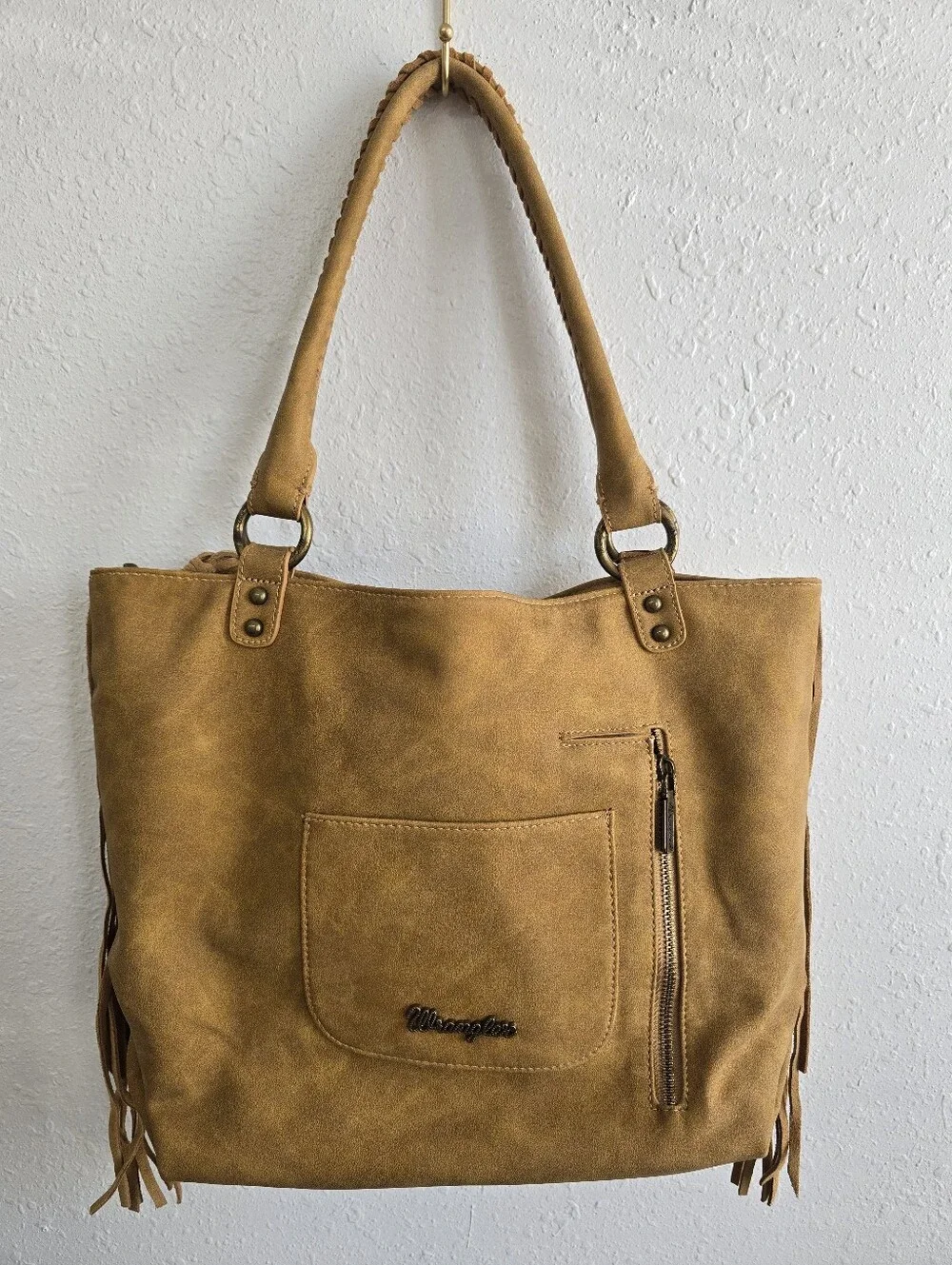 NWT Wrangler Tan Fringe Western Boho Shoulder Tote Bag Whipstitch Purse
